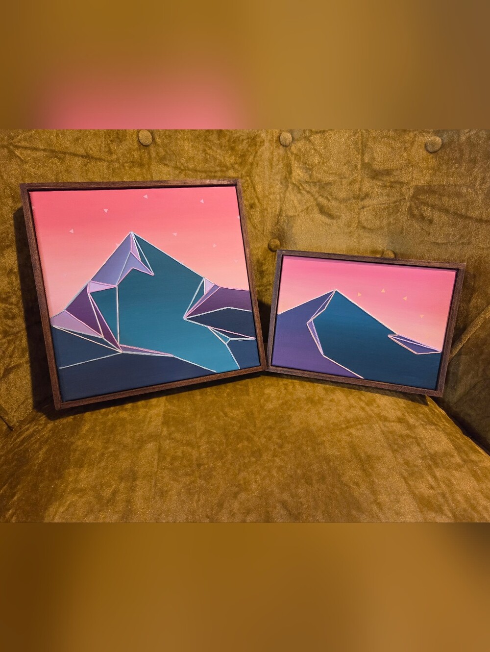 Abstract Mountain Pair Mixed Media Wall Art - Teal Purple Orange Peach